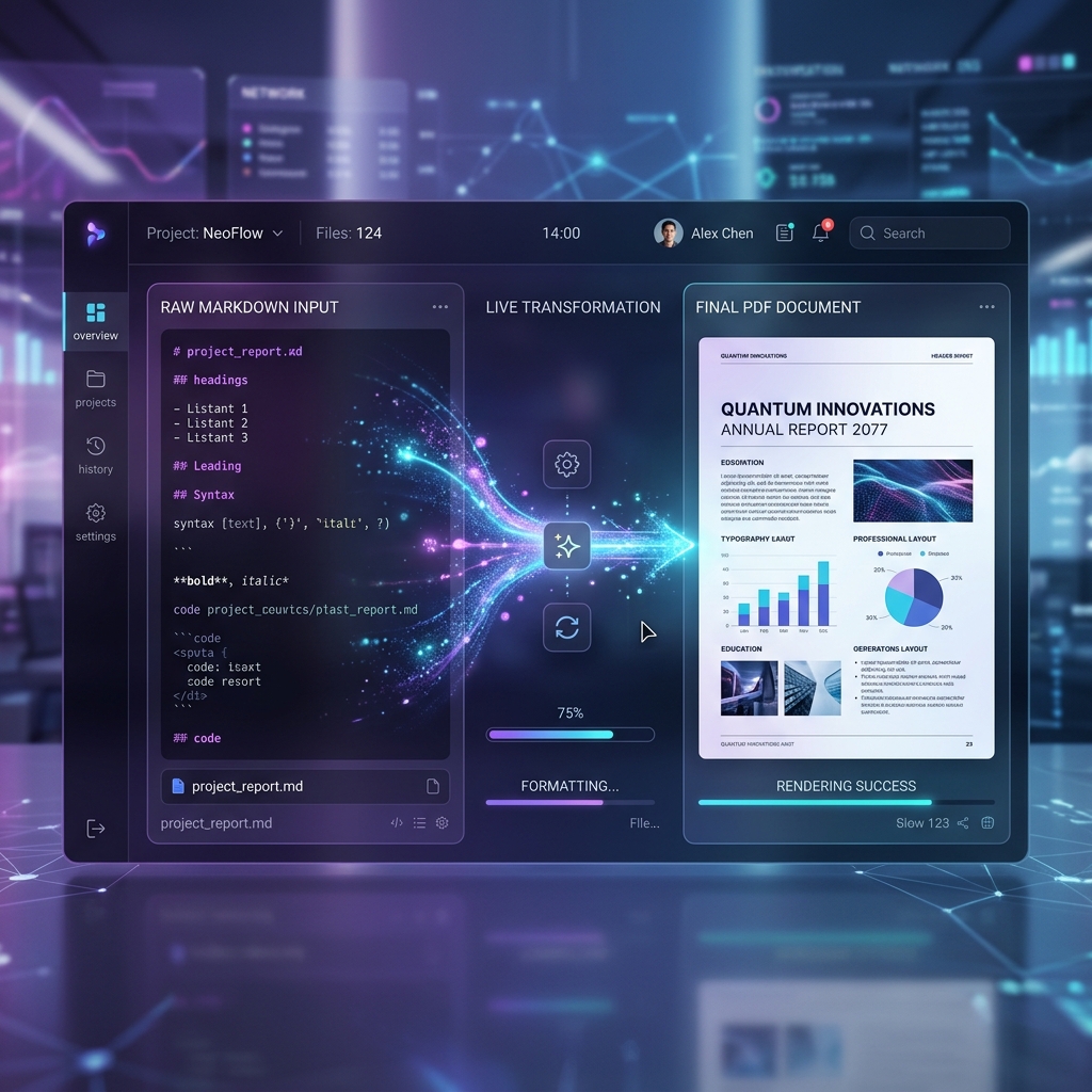 A clean, modern, futuristic user interface dashboard showing raw messy markdown text magically transforming into a polished, professional, print-ready PDF business document