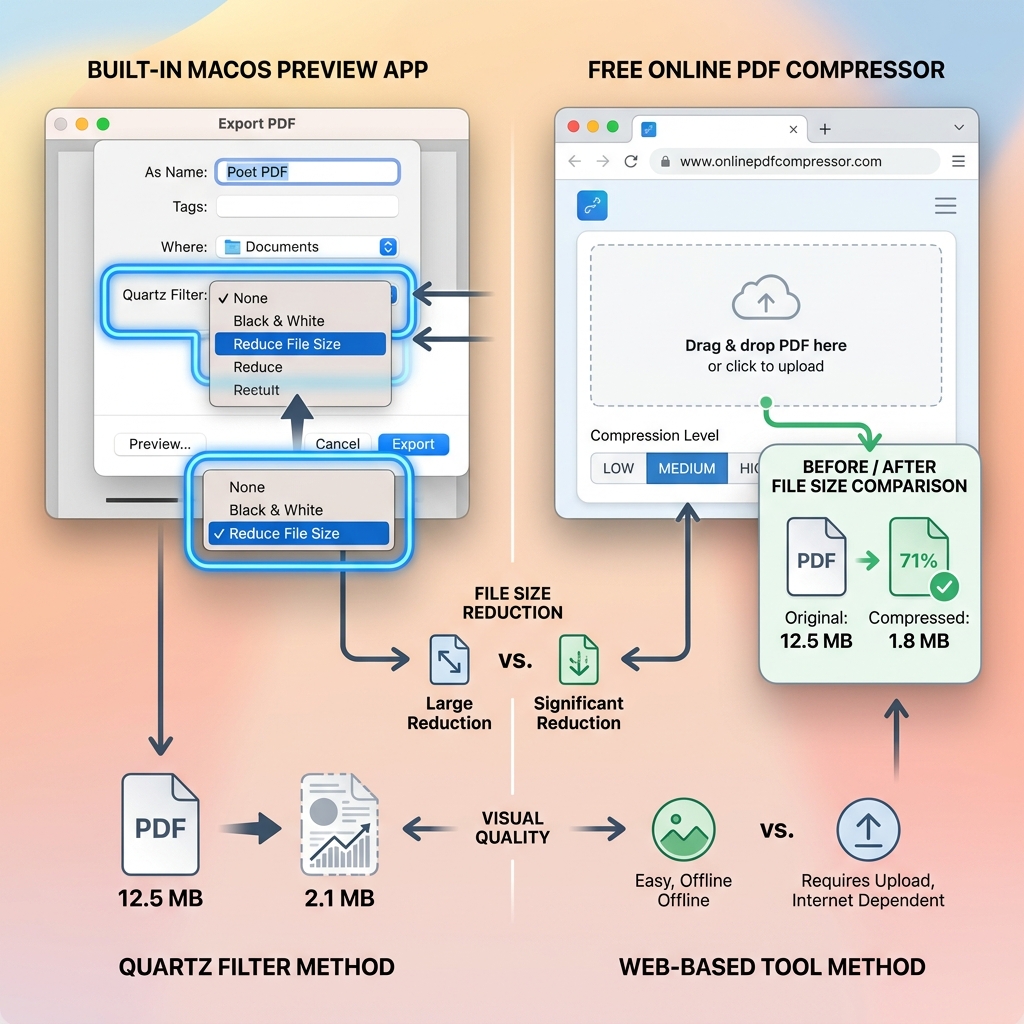 Reducing PDF size on a Mac by comparing Preview's Reduce File Size export against a free online PDF compressor