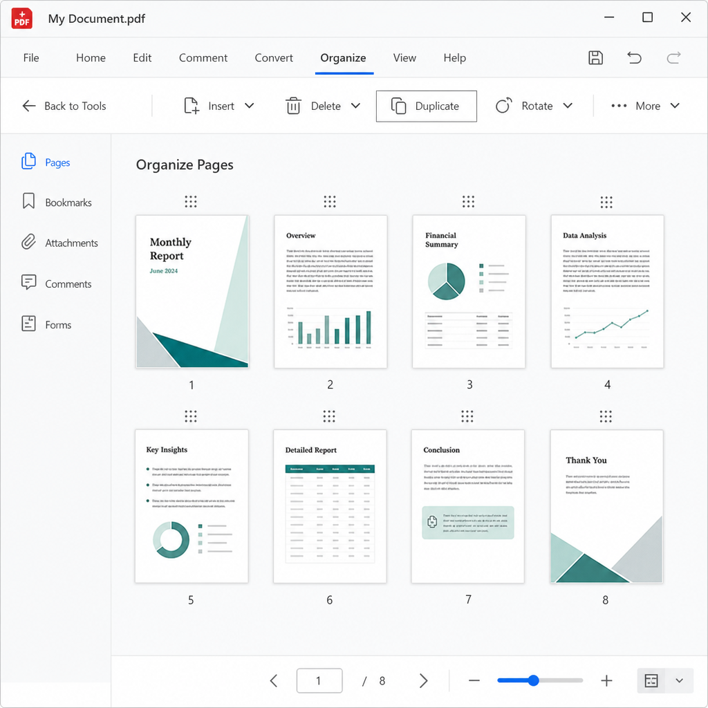 A typical desktop PDF editor's Organize Pages view, with page thumbnails and a Duplicate command in the toolbar