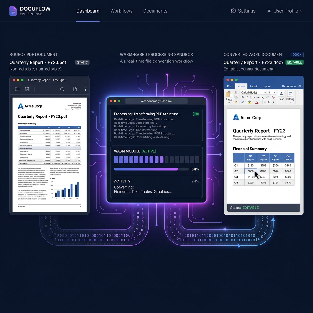 Enterprise dashboard showing a complex static PDF vector map being converted into a clean, editable Word DOCX file locally inside a browser WebAssembly sandbox.