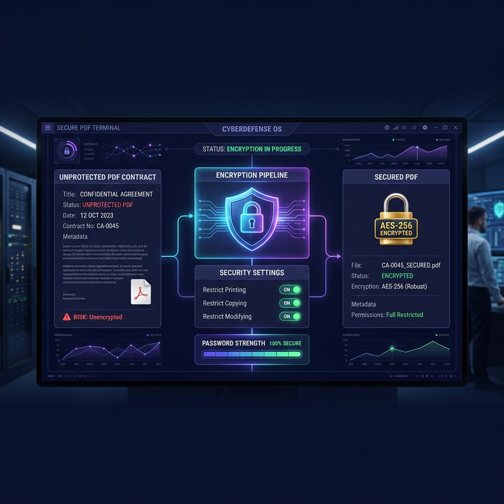 A PDF contract being encrypted through an AES-256 pipeline with permission toggles for printing, copying, and modifying, producing a fully locked protected PDF with zero cloud upload.
