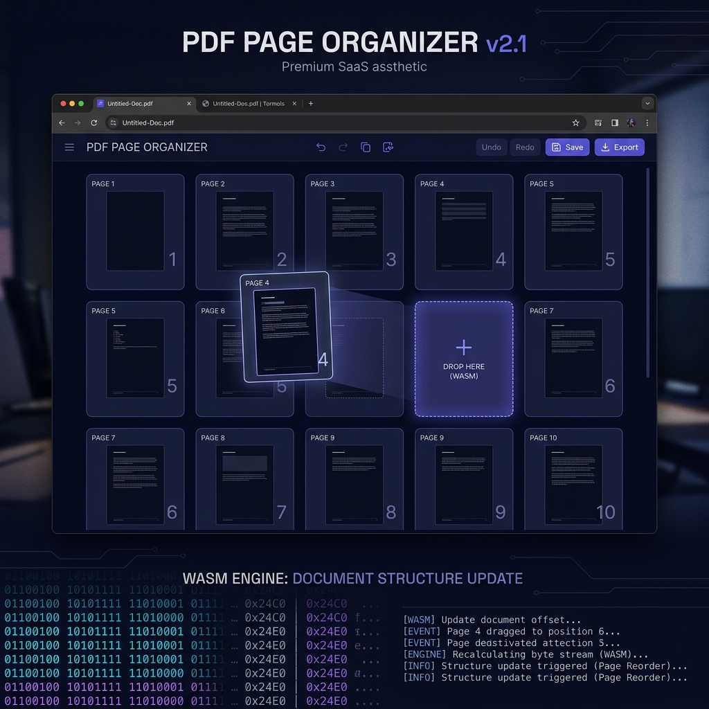 A drag-and-drop PDF page organizer running inside a local browser sandbox, with WASM byte-offset update logs visible beneath the UI and zero cloud icons present.