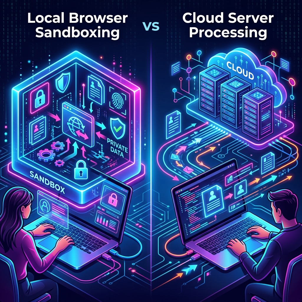 Diagram comparing Utilitly.com client-side WebAssembly local processing sandbox versus traditional cloud-based server uploads, highlighting privacy benefits
